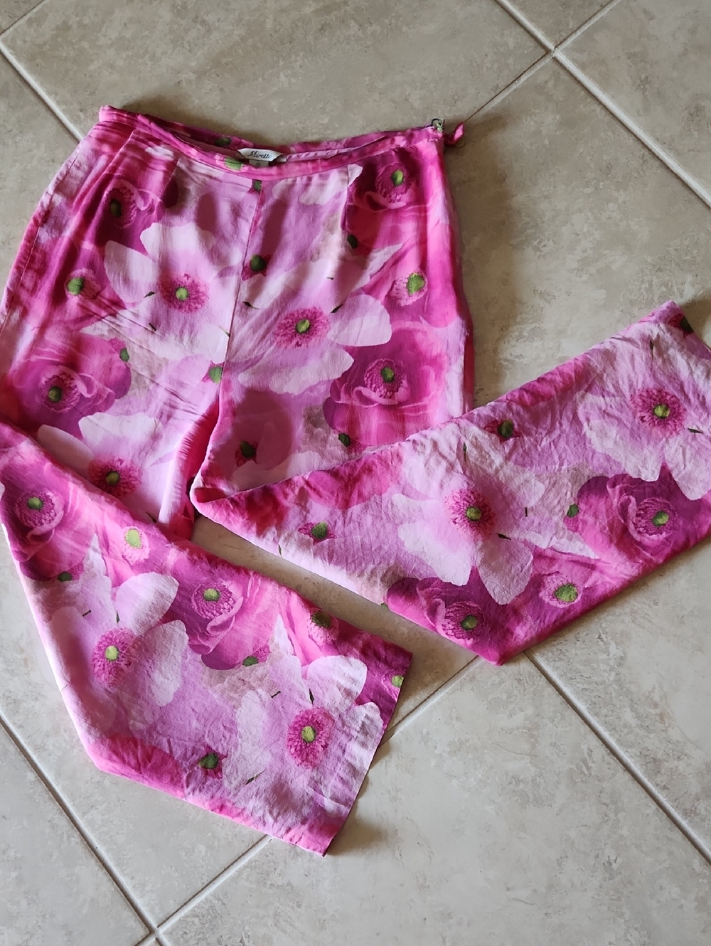 Mirette Pink Lined Floral SILK Pants Women's Size 12 Spring Boho Whimsical